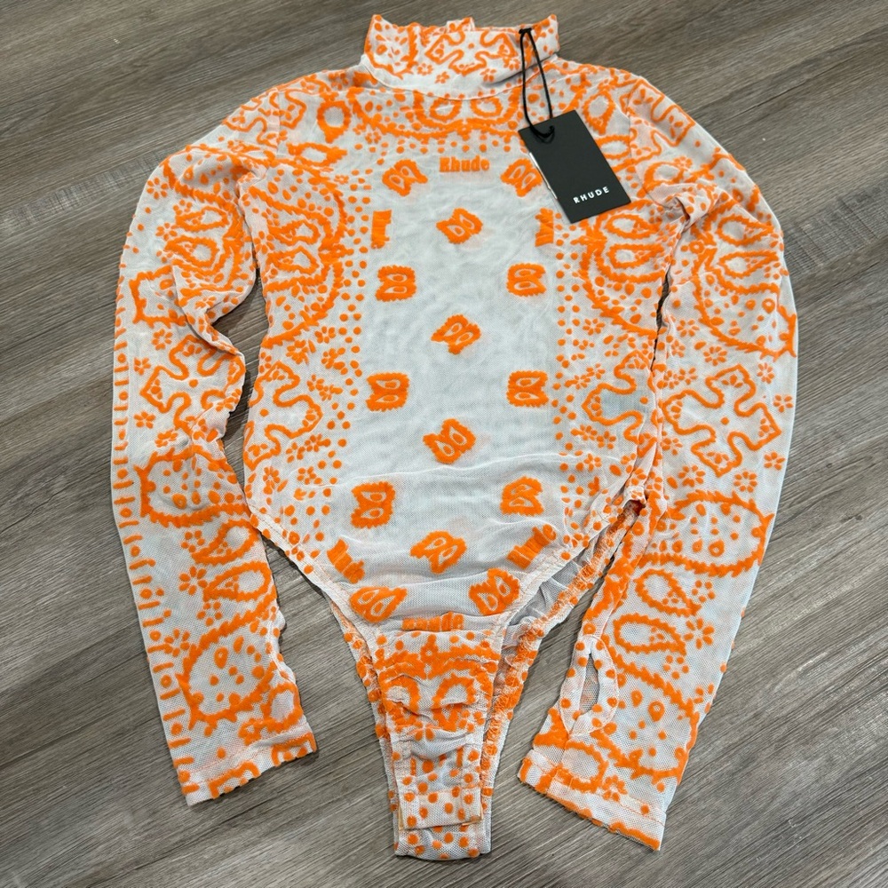 Rhude Long Sleeve Logo Bodysuit in Light Grey Coral